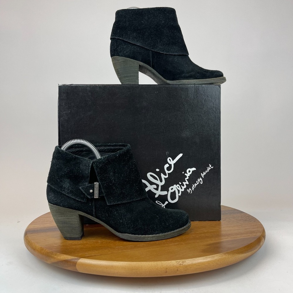 Womens Alice and Olivia Caden Black Suede Heeled Bootie Boots Size 36 US 6 M GUC